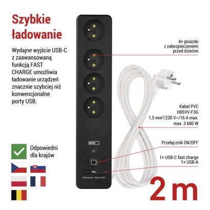 GoSmart Przedłużacz 2 m / 4 gniazda / z wyłącznikiem / z USB / biało-czarny / PVC / 1,5mm2