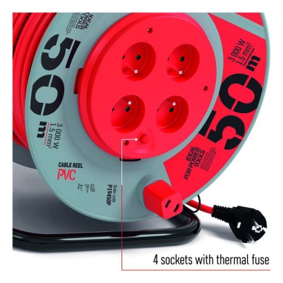 Predlžovací kábel na bubne 50 m / pevný stred / 4 zásuvky / červený / PVC / 230 V / 1,5mm2