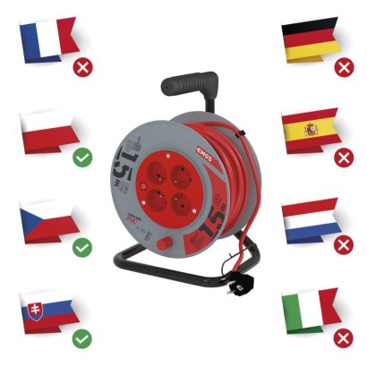 Predlžovací kábel na bubne 15 m / 4 zásuvky / červený / PVC / 230 V / 1 mm2