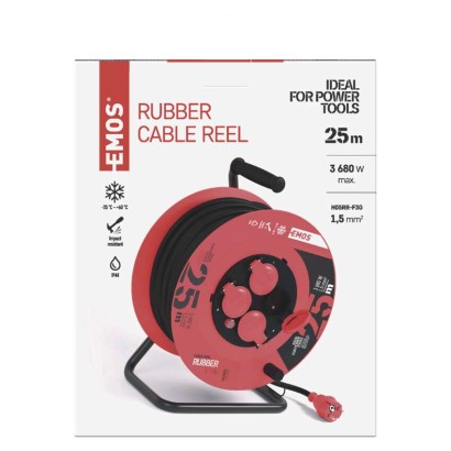 Venkovní prodlužovací kabel na bubnu 25 m / 4 zásuvky / černý / guma / 230 V / 1,5 mm2