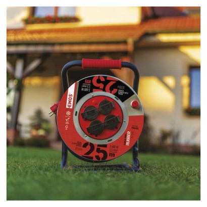 Vonkajší predlžovací kábel na bubne 25 m / 4 zásuvky / čierny / guma / 230 V / 1,5 mm2