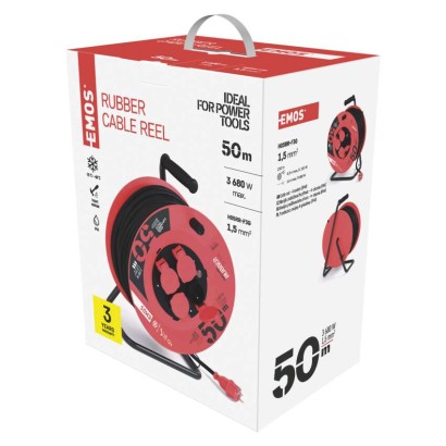 Venkovní prodlužovací kabel na bubnu 50 m / 4 zásuvky / černý / guma / 230 V / 1,5 mm2