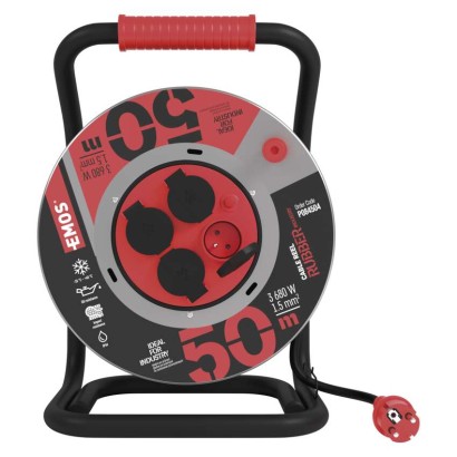 Venkovní prodlužovací kabel na bubnu 50 m / 4 zás. / černý / guma-neopren / 230V / 1,5 mm2