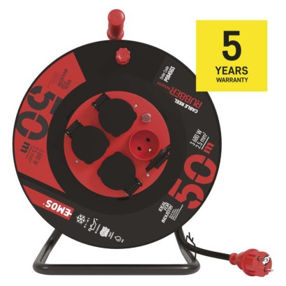 Venkovní prodlužovací kabel na bubnu 50 m / 4 zás. / černý / guma-neopren / 230V / 2,5 mm2