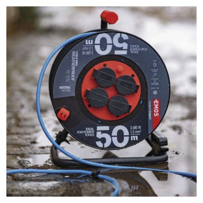 Počasí odolný prodluž. kabel na bubnu 50 m / 4 zásuvky / modrý / PVC / 230 V / 1,5 mm2