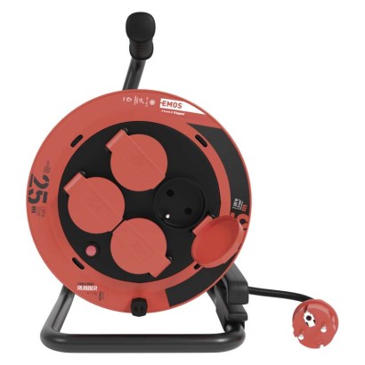 Venkovní prodlužovací kabel na bubnu 25 m / 4 zásuvky / guma / 230 V / 1,0 mm2 / IP44