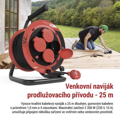 Venkovní prodlužovací kabel na bubnu 25 m / 4 zásuvky / guma / 230 V / 1,0 mm2 / IP44