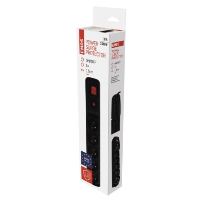 Přepěťová ochrana – 5 zásuvek, 1,5m, černá