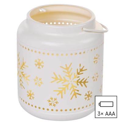 LED Deko – Laterne mit Schneeflocken, Metall, Weiß, 14 cm, 3x AAA, Innen, Vintage