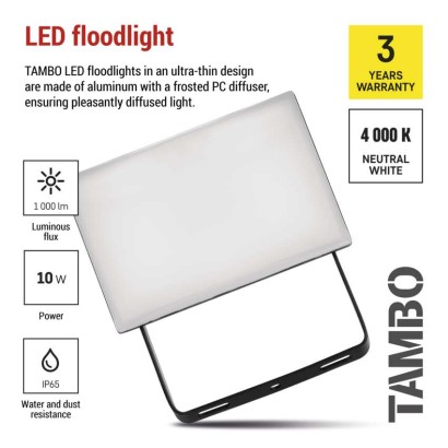 LED reflektor TAMBO, 10 W, 1000 lm, IP65, čierny
