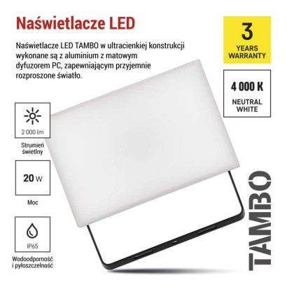 Naświetlacz LED TAMBO, 20 W, 2000 lm, IP65, czarny