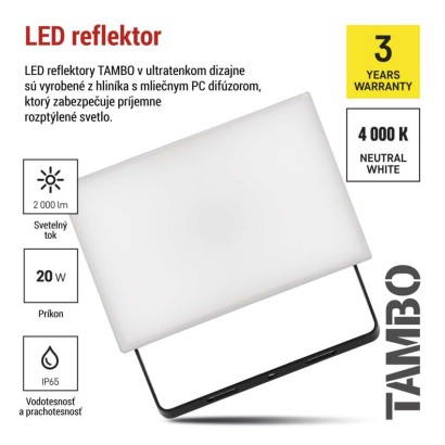 LED reflektor TAMBO, 20 W, 2000 lm, IP65, čierny