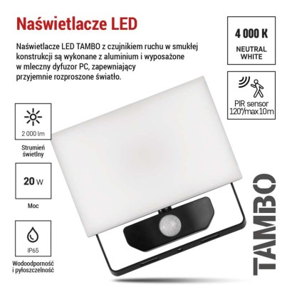 Naświetlacz LED TAMBO z czujnikiem PIR, 20 W, 2000 lm, czarny