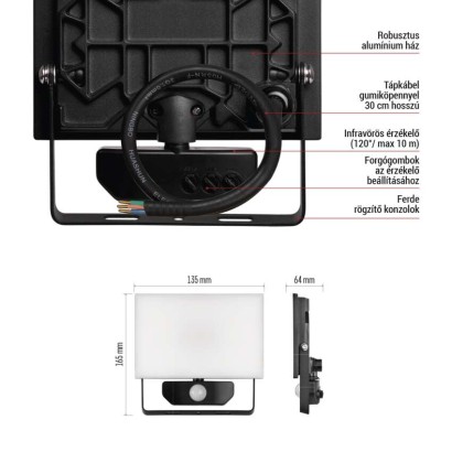 LED-es reflektor TAMBO mozgásérzékelővel, 20 W, 2000 lm, fekete
