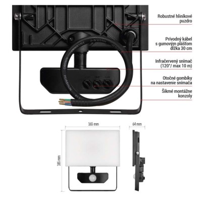 LED reflektor TAMBO so senzorom pohybu, 30 W, 3000 lm, čierny