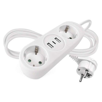 Prailginimo laidas 1,4 m / 2 lizdai+2×USB-A+1×USB-C / baltas / PVC / 1,5 mm2