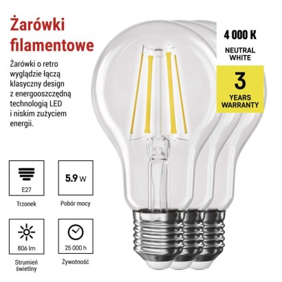 Żarówka LED Filament A60 / E27 / 5,9 W (60 W) / 806 lm / Neutralna biel