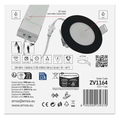 LED SVIETIDLO LORI VST. KR 4,5W 345LM IP65 CCT čierná