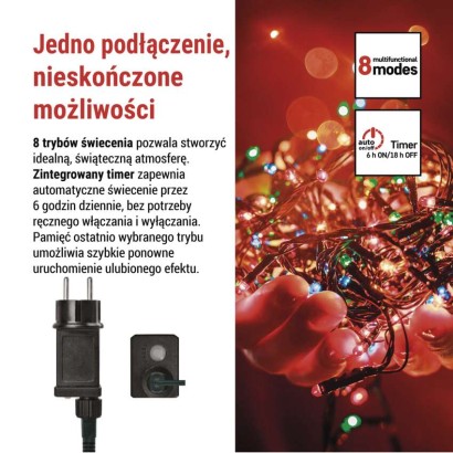 Lampki choinkowe Classic 240 LED 24m multikolor, ziel. przew., IP44, 8 programów, timer