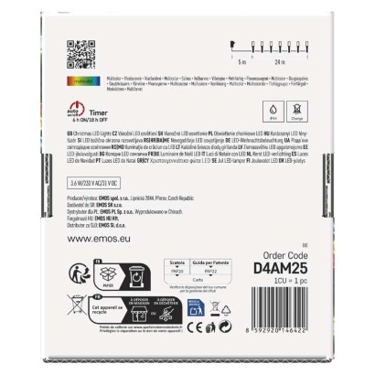 Lampki choinkowe Classic 240 LED 24m multikolor, ziel. przew., IP44, 8 programów, timer