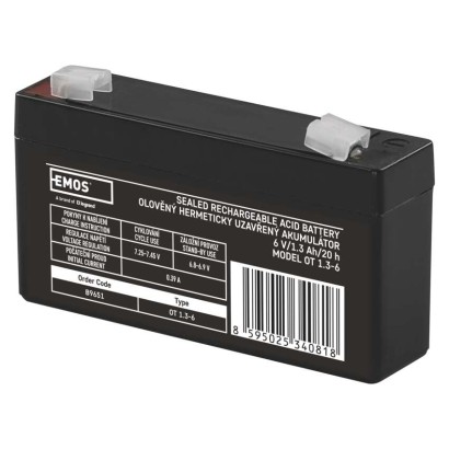 SLA (hermētisks svina un skābes elementu) akumulators, 6 V/1,3 Ah, Faston, 4,7 mm