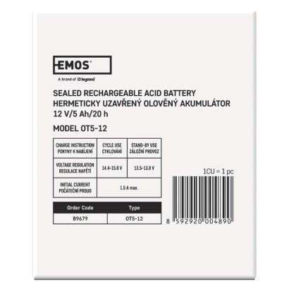 SLA (hermētisks svina un skābes elementu) akumulators, 12 V/5 Ah, Faston, 6,3 mm