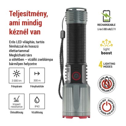 EMOS LED tölthető fém zseblámpa 3000 lm, 5000 mAh
