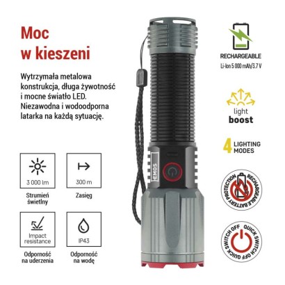 Latarka metalowa LED 3000 lm, 5000 mAh, ładowalna