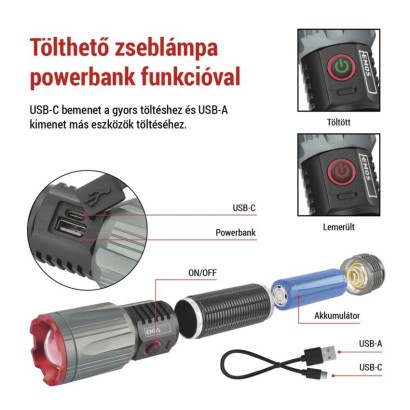 EMOS LED tölthető fém zseblámpa 3000 lm, 5000 mAh