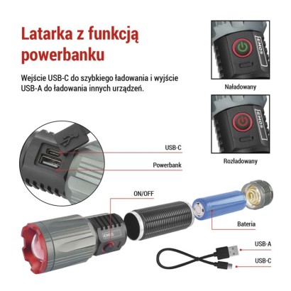 Latarka metalowa LED 3000 lm, 5000 mAh, ładowalna