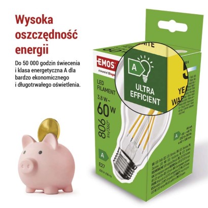 Żarówka LED Filament A60 A CLASS/ E27 / 3,8 W (60 W) / 806 lm / ciepła biel