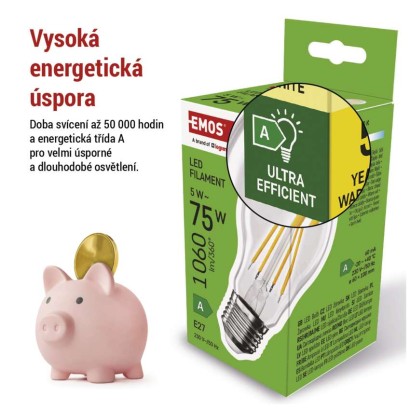 LED žárovka Filament A60 A CLASS/ E27 / 5 W (75 W) / 1 060 lm / teplá bílá