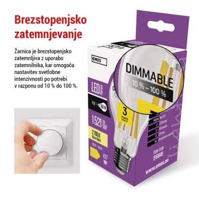 LED žarnica Filament A60 / E27 / 11W (100W) / 1521 lm / toplo bela / zatemnilna