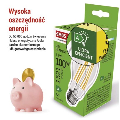 Żarówka LED Filament A60 A CLASS/ E27 / 7,2 W (100 W) / 1521 lm / ciepła biel