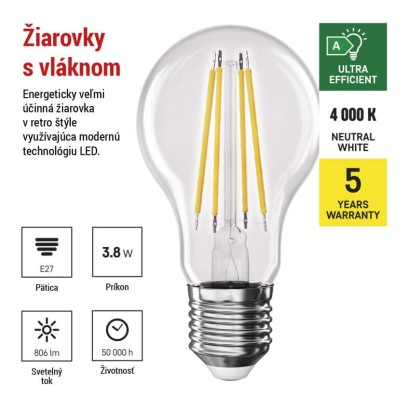 LED žiarovka Filament A60 A CLASS/ E27 / 3,8 W (60 W) / 806 lm / neutrálna biela