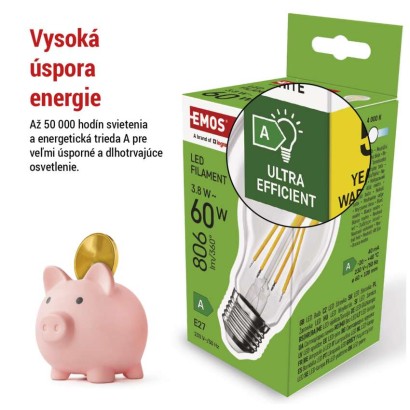 LED žiarovka Filament A60 A CLASS/ E27 / 3,8 W (60 W) / 806 lm / neutrálna biela