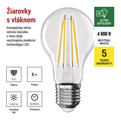 LED žiarovka Filament A60 A CLASS/ E27 / 5 W (75 W) / 1 060 lm / neutrálna biela