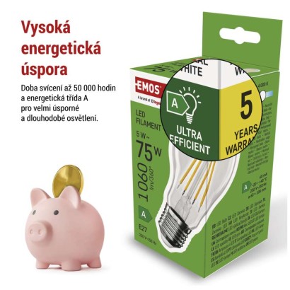 LED žárovka Filament A60 A CLASS/ E27 / 5 W (75 W) / 1 060 lm / neutrální bílá