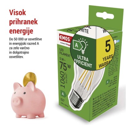 LED žarnica Filament A60 A CLASS/ E27 / 5 W (75 W) / 1 060 lm / nevtralno bela