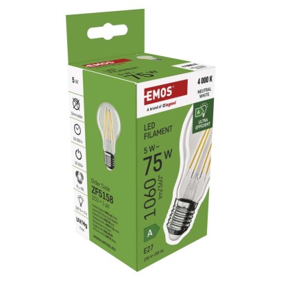 LED žárovka Filament A60 A CLASS/ E27 / 5 W (75 W) / 1 060 lm / neutrální bílá