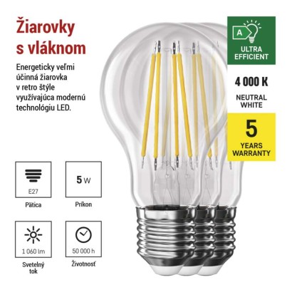 LED žiarovka Filament A CLASS A60 / E27 / 5 W (75 W) / 1 060 lm / neutrálna biela