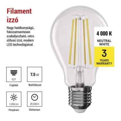 LED izzó Filament A60 / E27 / 7,5 W (75 W) / 1 055 lm / természetes fehér / dimmelhető