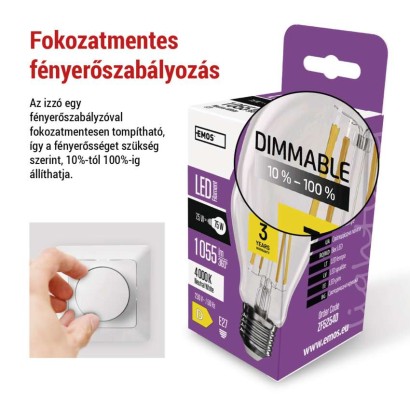 LED izzó Filament A60 / E27 / 7,5 W (75 W) / 1 055 lm / természetes fehér / dimmelhető