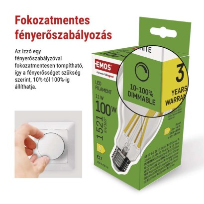LED izzó Filament A60 / E27 / 11W (100W) / 1521 lm / természetes fehér / dimmelhető