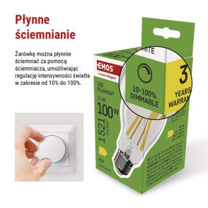 Żarówka LED Filament A60 / E27 / 11W (100W) / 1521 lm / neutralna biel / ściemnialna