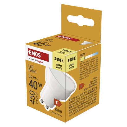 LED pirn Basic MR16 / GU10 / 5,2 W (40 W) / 450 lm / Soe valge