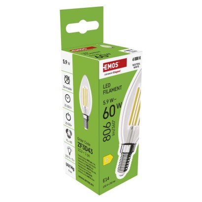 LED izzó Filament gyertya / E14 / 5,9 W (60 W) / 806 lm / Természetes fehér