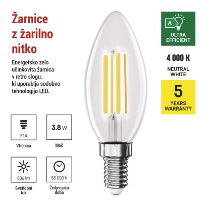 LED žarnica Filament Candle A CLASS/ E14 / 3,8 W (60 W) / 806 lm / nevtralno bela