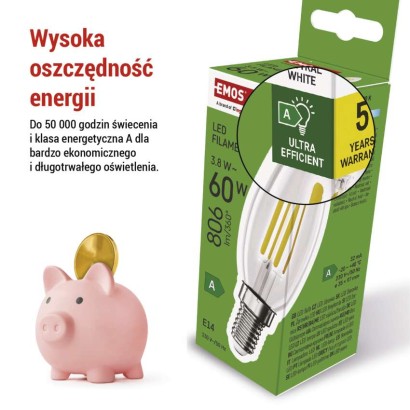 Żarówka LED Filament świeczka  A CLASS/ E14 / 3,8 W (60 W) / 806 lm / neutralna biel