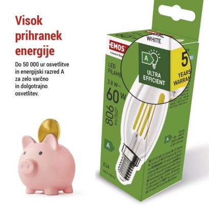 LED žarnica Filament Candle A CLASS/ E14 / 3,8 W (60 W) / 806 lm / nevtralno bela